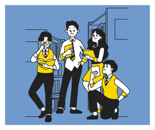 团队成员在门口交流协作