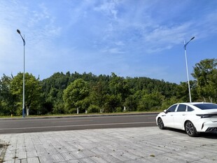 宽广场地与公路旁的白色轿车