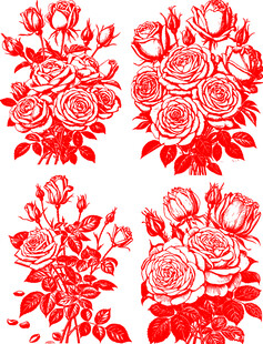 红色剪纸风玫瑰花卉图案