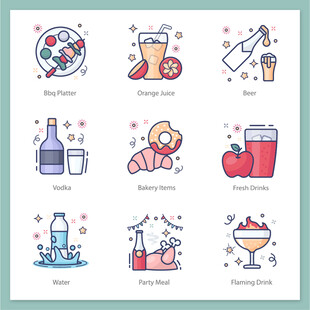 多彩饮品与美食图标集