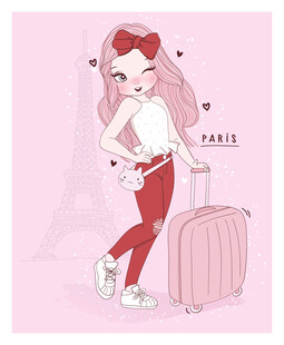 旅行少女与粉色行李箱