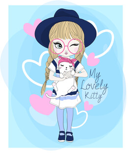 可爱女孩抱猫插画