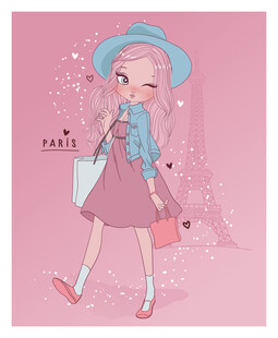粉色系可爱女孩购物插画