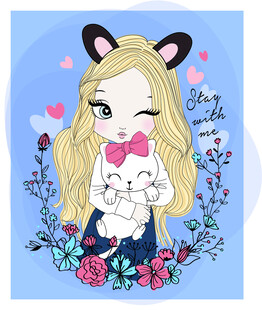 可爱猫耳女孩与猫咪插画