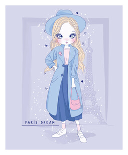 蓝裙金发女孩时尚插画