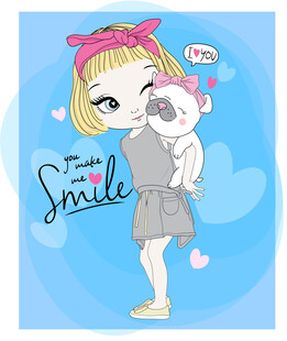 可爱女孩与小狗温馨画面