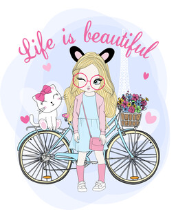 骑自行车的甜美女孩与猫咪