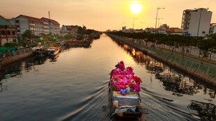 夕阳下河道中的绚丽花船