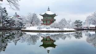 雪后湖畔古亭美景