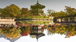 秋日湖景中的古典建筑倒影