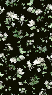 黑色底绿叶白花花卉图案