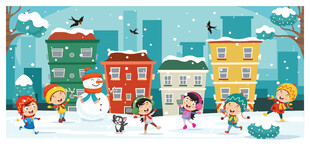 冬日街头儿童欢乐玩耍