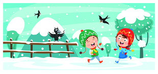 雪地中孩子快乐玩耍场景