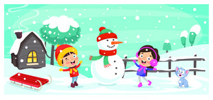 冬日儿童堆雪人欢乐场景