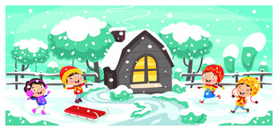 雪地中孩子们玩耍的小屋