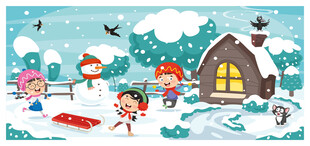 冬日雪地中的儿童欢乐场景