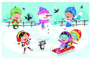 儿童冬日欢乐滑雪堆雪场景