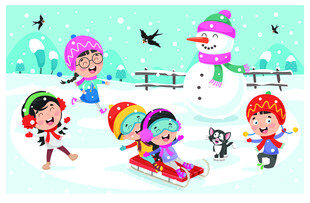 儿童雪地欢乐玩耍场景