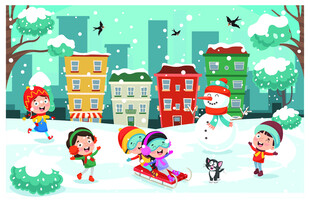 冬日街头儿童欢乐玩耍场景
