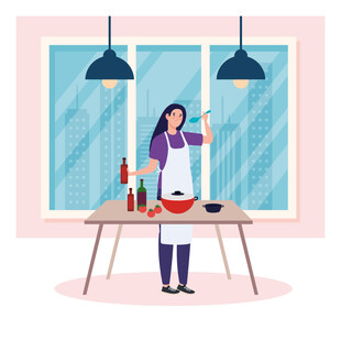 女士在厨房专注烹饪美食