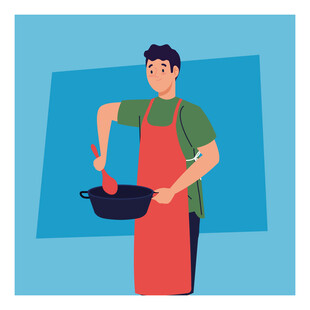 男子烹饪中挥舞锅铲