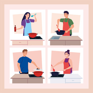 四人厨房烹饪场景