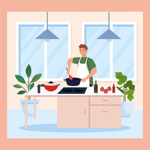 厨房中两人一起烹饪场景