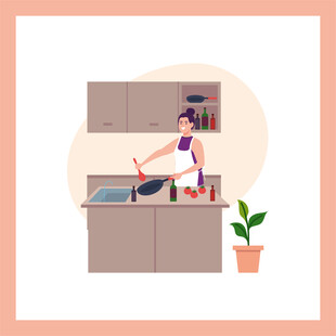 厨房中烹饪的女性