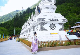 女子立于精美白色佛塔前