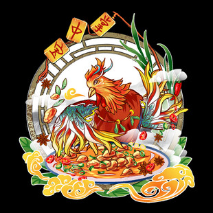 吉祥公鸡与丰盛美食图景