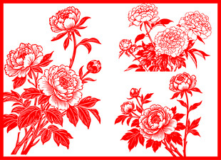 传统剪纸风盛开的红牡丹