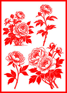 红色剪纸风盛开牡丹花