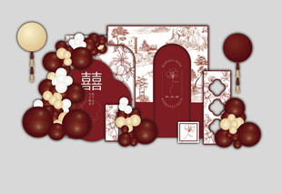 复古红主题气球装饰场景