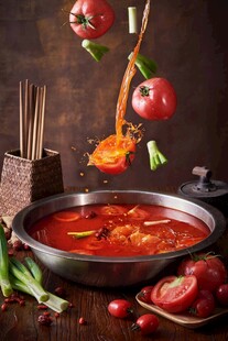 番茄火锅食材飞溅诱人场景