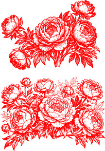 传统剪纸风红色牡丹花卉图案