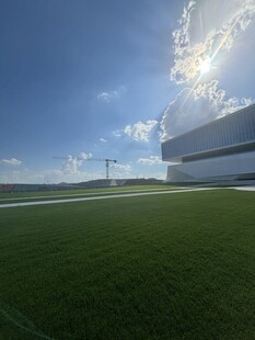 绿茵场边的现代建筑景观