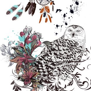 手绘猫头鹰与花卉装饰图案数码印