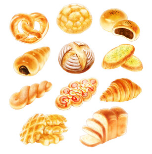 多样美味面包水彩插画