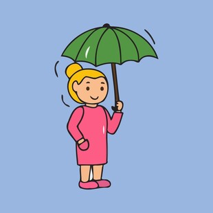 撑绿伞的粉色衣服小女孩