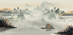 水墨山水间的孤舟意境
