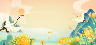 山水飞鹤浅黄色国潮风秋天背景