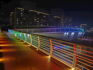 夜晚河畔彩色灯光护栏美景