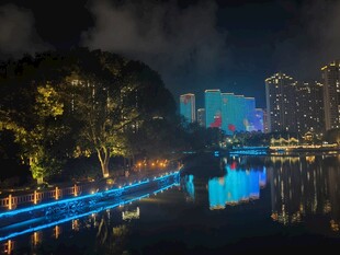 河畔夜景璀璨灯光映水面