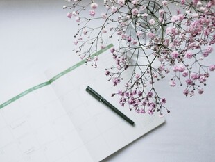 简约桌面的纸笔与花饰