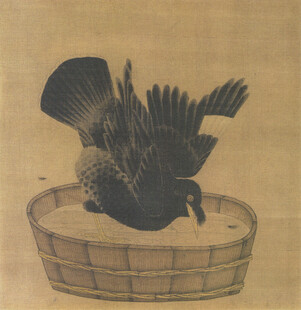 古画中盆内展翅的禽鸟