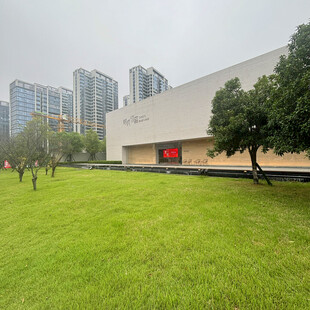 城市草地旁的现代建筑景观