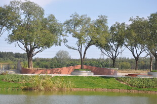 湖畔绿树环绕的宁静景致