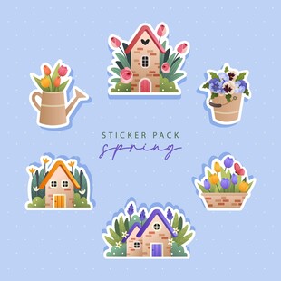 春季房屋花卉贴纸套装