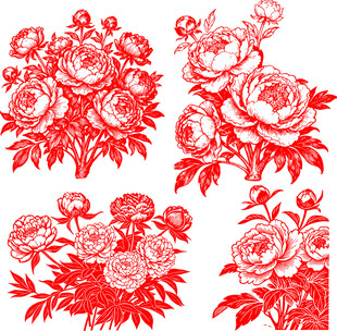 传统红色牡丹剪纸图案