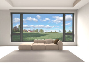 简洁明亮的大窗客厅场景